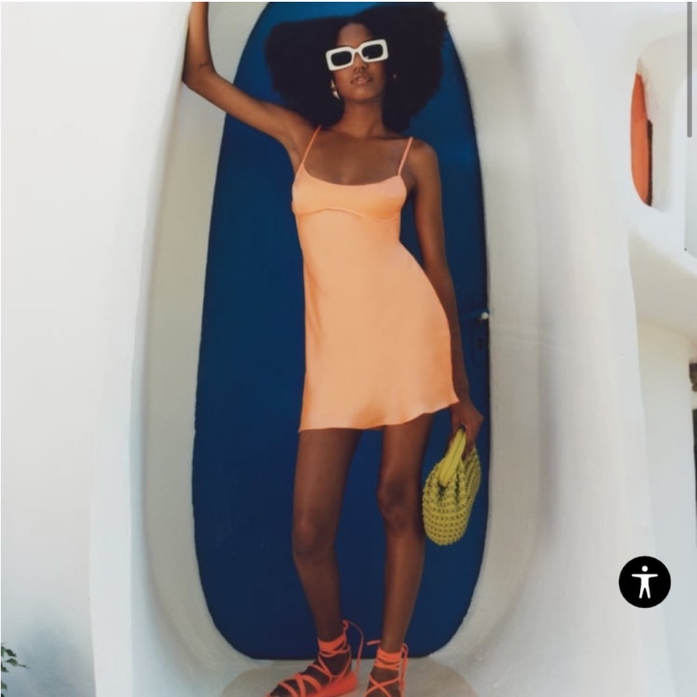 Zara neon satin orange mini slip dress
